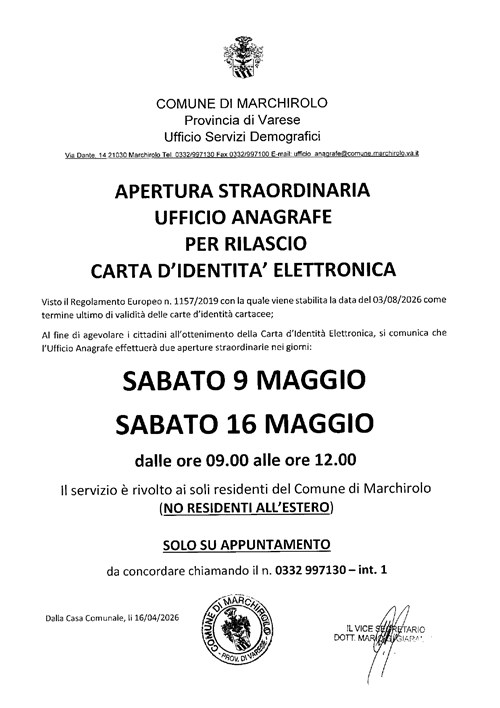 Aperture straordinarie Ufficio Anagrafe per rilascio carta d'identità elettronica C.I.E.