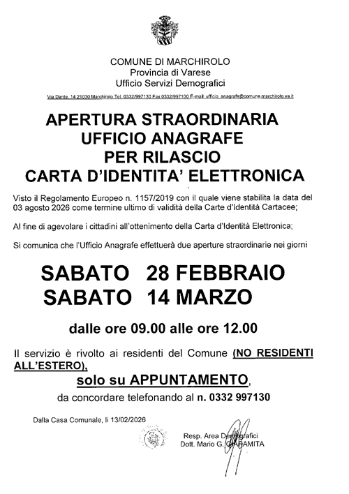 Aperture straordinarie Ufficio Anagrafe per rilascio carta d'identità elettronica C.I.E.