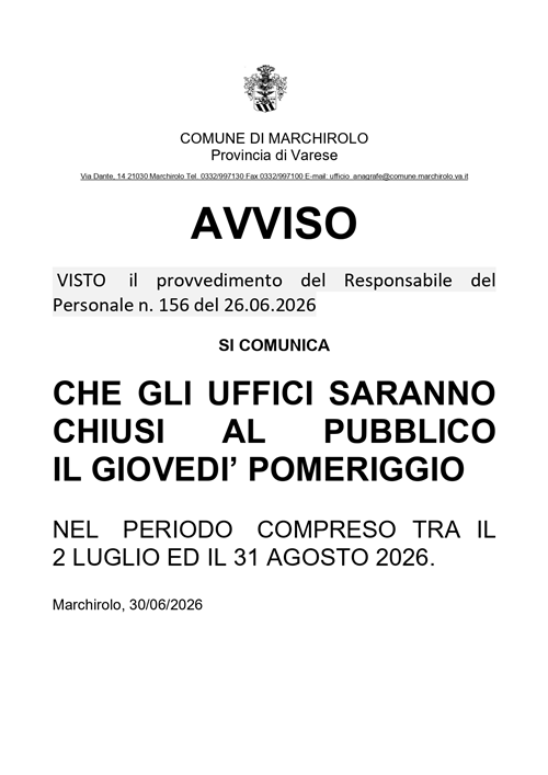 Orario estivo apertura al pubblico Uffici Comunali