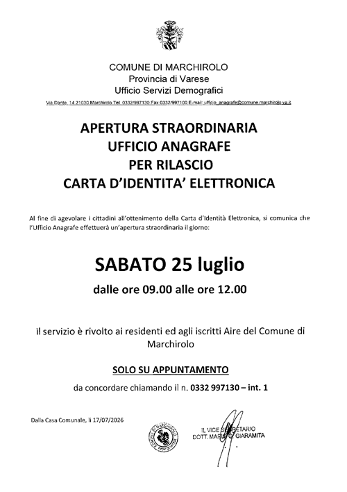 Apertura straordinaria Ufficio Anagrafe per rilascio carta d'identità elettronica C.I.E.