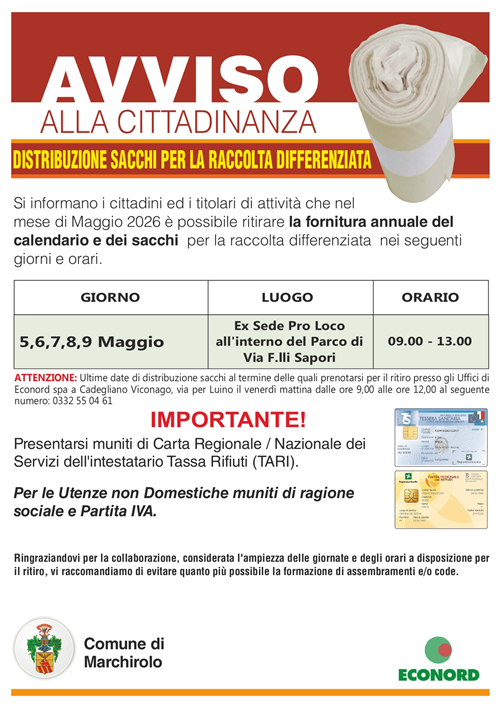 Calendari e kit raccolta rifiuti