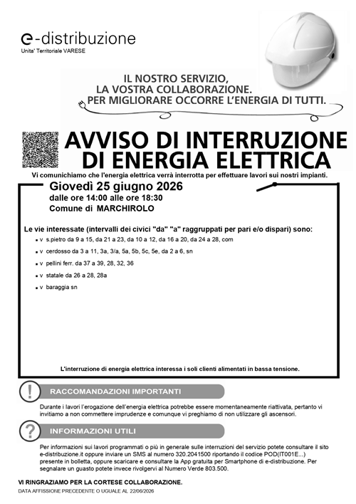 Avviso di interruzione di energia elettrica giovedì 25 giugno 2026
